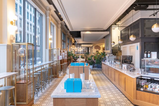 Blue Bottle coffee shop in lobby of Walker Hotel in Tribeca New York