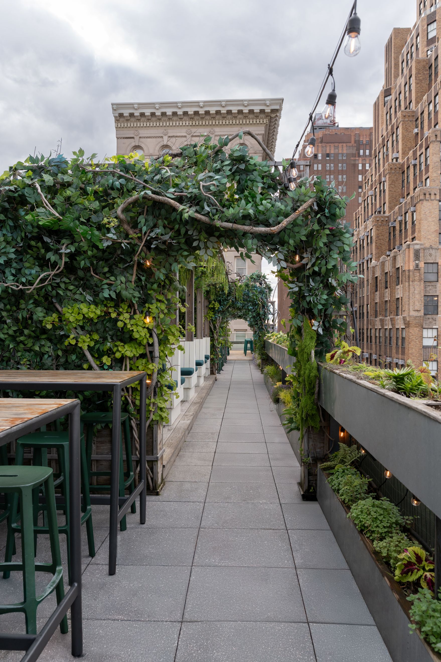 a narrow outdoor space with plants and seating